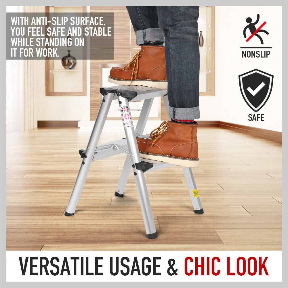 2-Step Portable Folding Ladder, Aluminum Frame Lightweight Home Ladder with Anti Slip Design, 150KG Capacity V465-95109