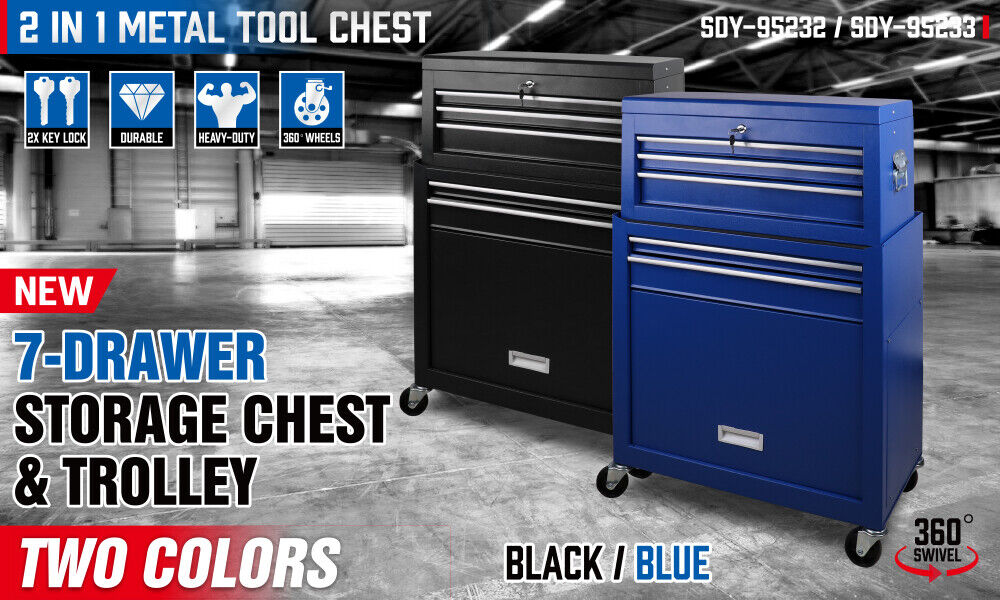 7 Drawer Tool Box Chest Cabinet Trolley Toolbox Garage Storage Lockable Blue V465-95232