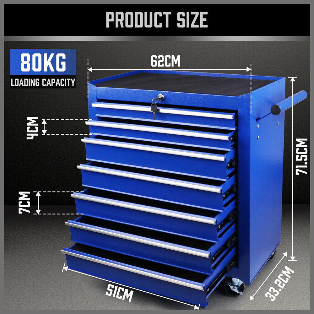 Black 7 Drawer Tool Box Trolley Cabinet Storage Cart Garage Toolbox Organiser Set V465-95235