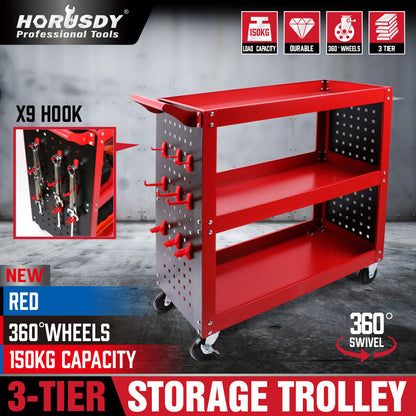 Red 3-Tier Tool Cart Storage Trolley Toolbox Workshop Garage Organiser 150kg Red V465-95240