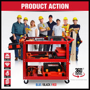 3-Tier Heavy Duty Steel Tool Trolley - Workshop Cart with Pegboard, Hooks and Locking Swivel Casters V465-95241