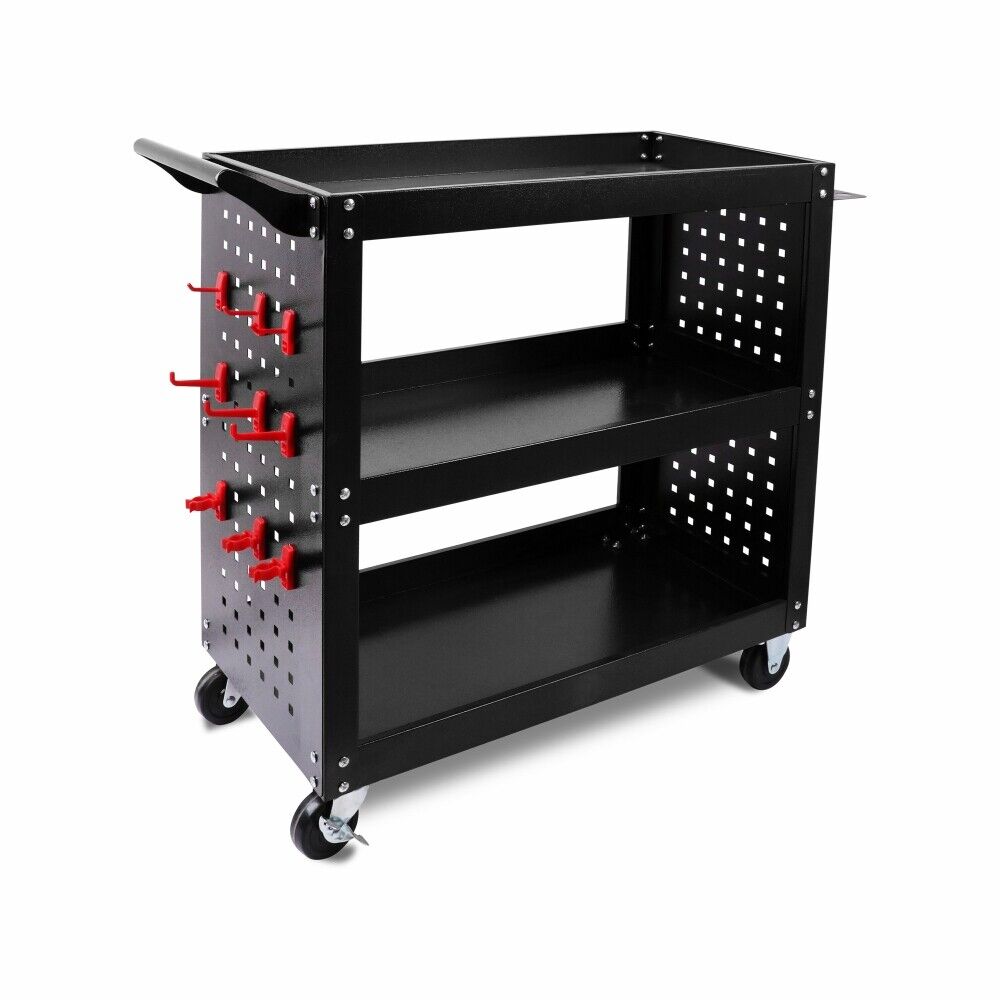 3-Tier Heavy Duty Steel Tool Trolley - Workshop Cart with Pegboard, Hooks and Locking Swivel Casters V465-95241