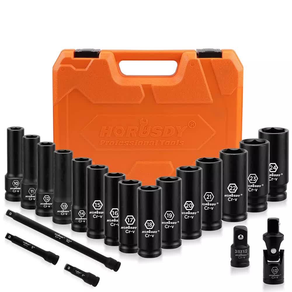 19Pc Deep Socket Set Impact 1/2" Drive Extension Bars Flexible Adapter 10-24mm V465-96021-AU-2