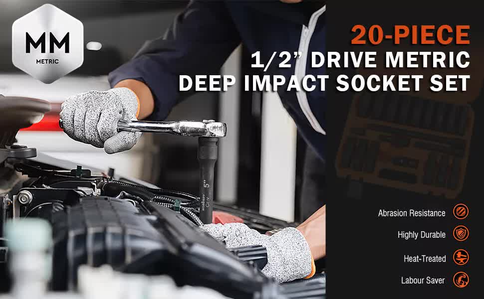19Pc Deep Socket Set Impact 1/2" Drive Extension Bars Flexible Adapter 10-24mm V465-96021-AU-2