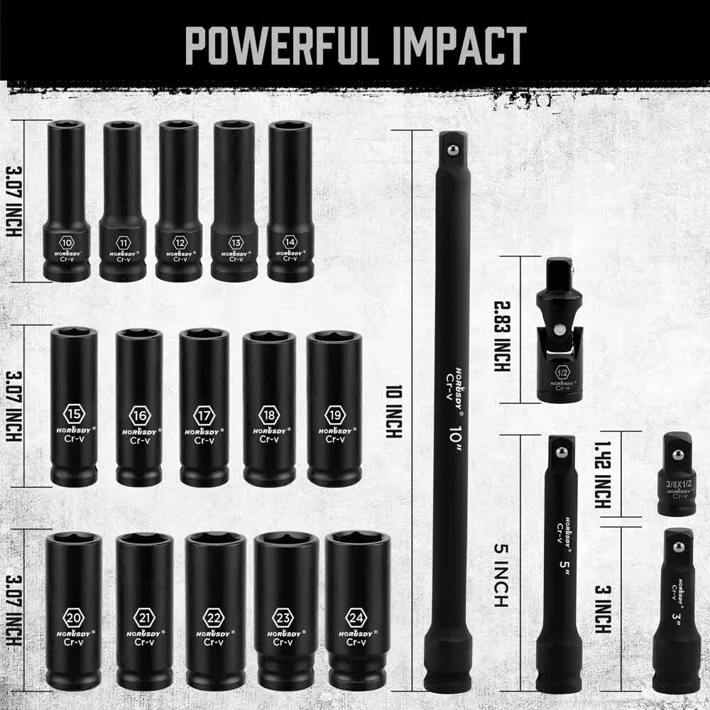 19Pc Deep Socket Set Impact 1/2" Drive Extension Bars Flexible Adapter 10-24mm V465-96021-AU-2