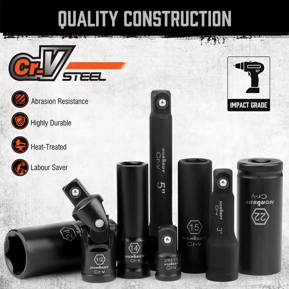 19Pc Deep Socket Set Impact 1/2" Drive Extension Bars Flexible Adapter 10-24mm V465-96021-AU-2