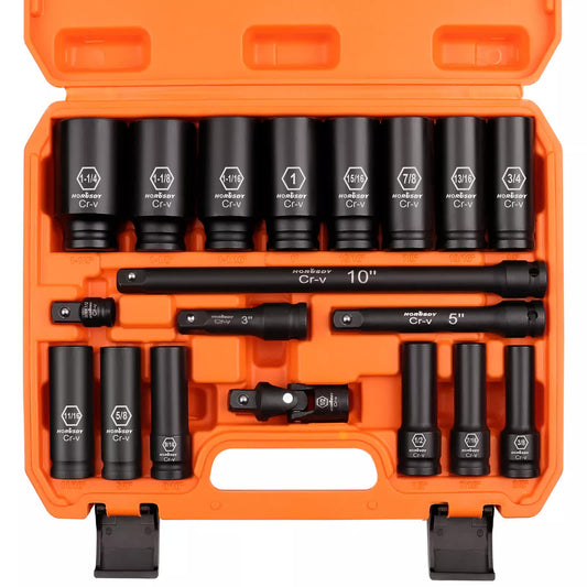 18Pc Deep Impact Socket Set Imperial / SAE Extension Flexible Adaptor 1/2" Drive V465-96027