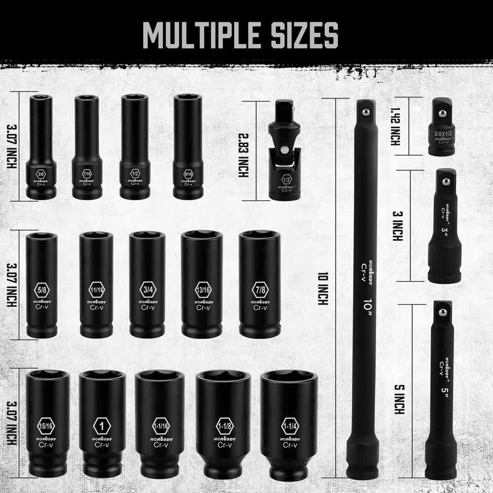 18Pc Deep Impact Socket Set Imperial / SAE Extension Flexible Adaptor 1/2" Drive V465-96027