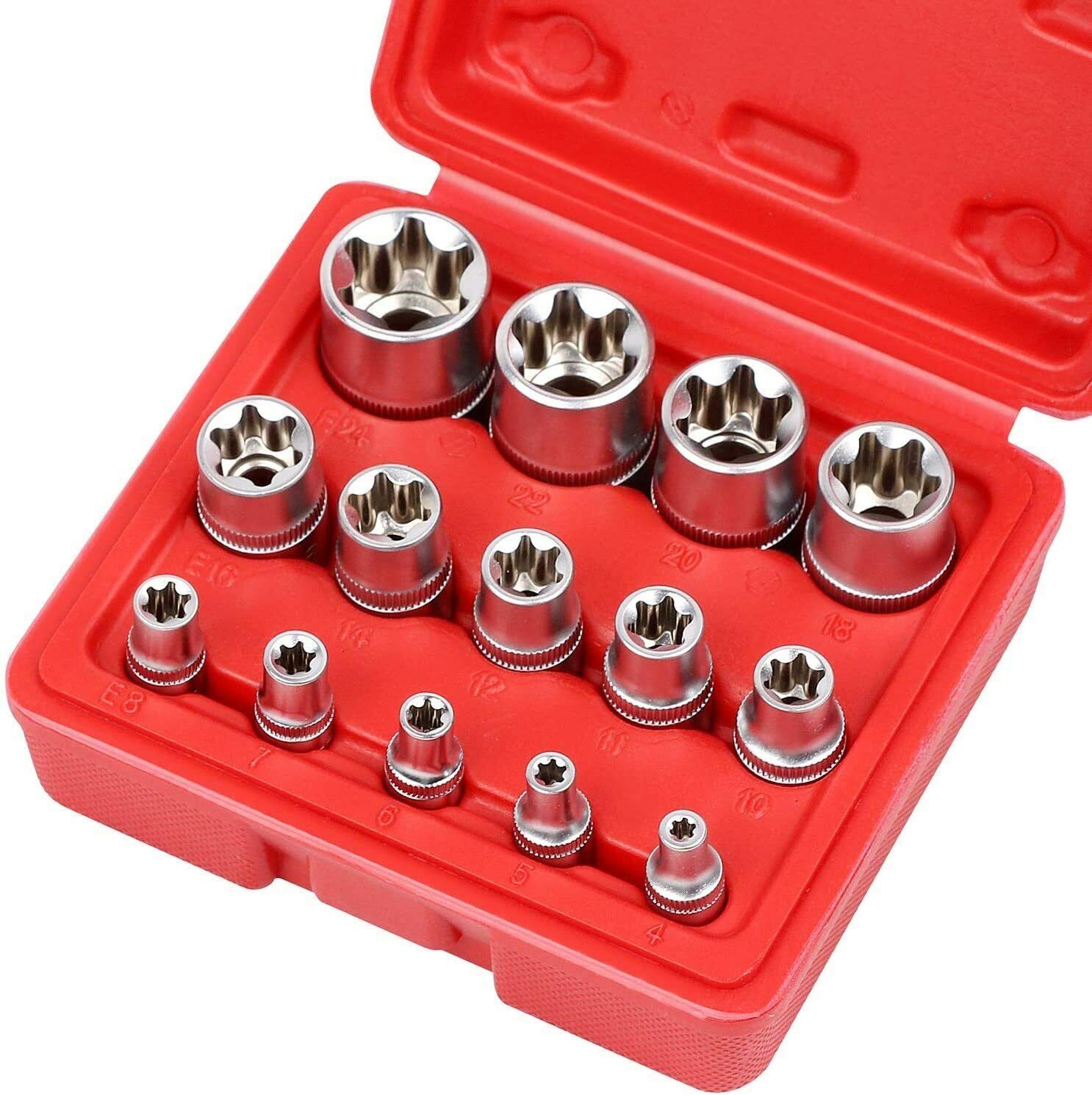 14Pc E Torx Socket Set Female Start Bit External Hex Torque E4-E24 With Case V465-96038