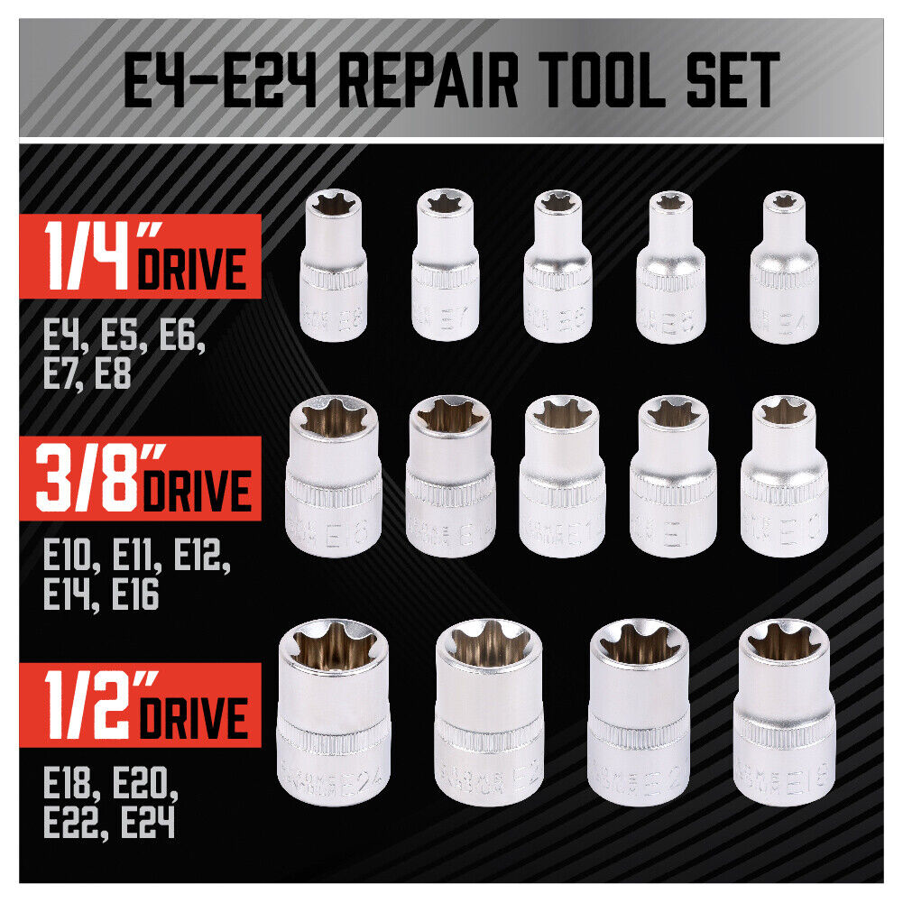 14Pc E Torx Socket Set Female Start Bit External Hex Torque E4-E24 With Case V465-96038
