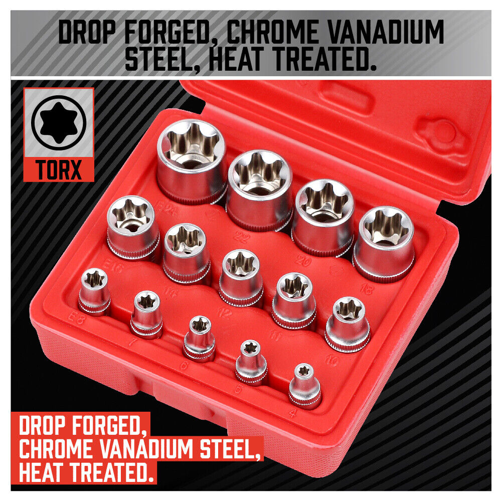 14Pc E Torx Socket Set Female Start Bit External Hex Torque E4-E24 With Case V465-96038