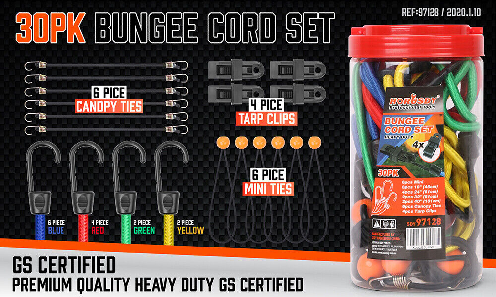 30-Piece Premium Bungee Cord Assortment Includes 10" to 40" Bungee Cords, Canopy Ties & Tarp Clips V465-97128-AU-2