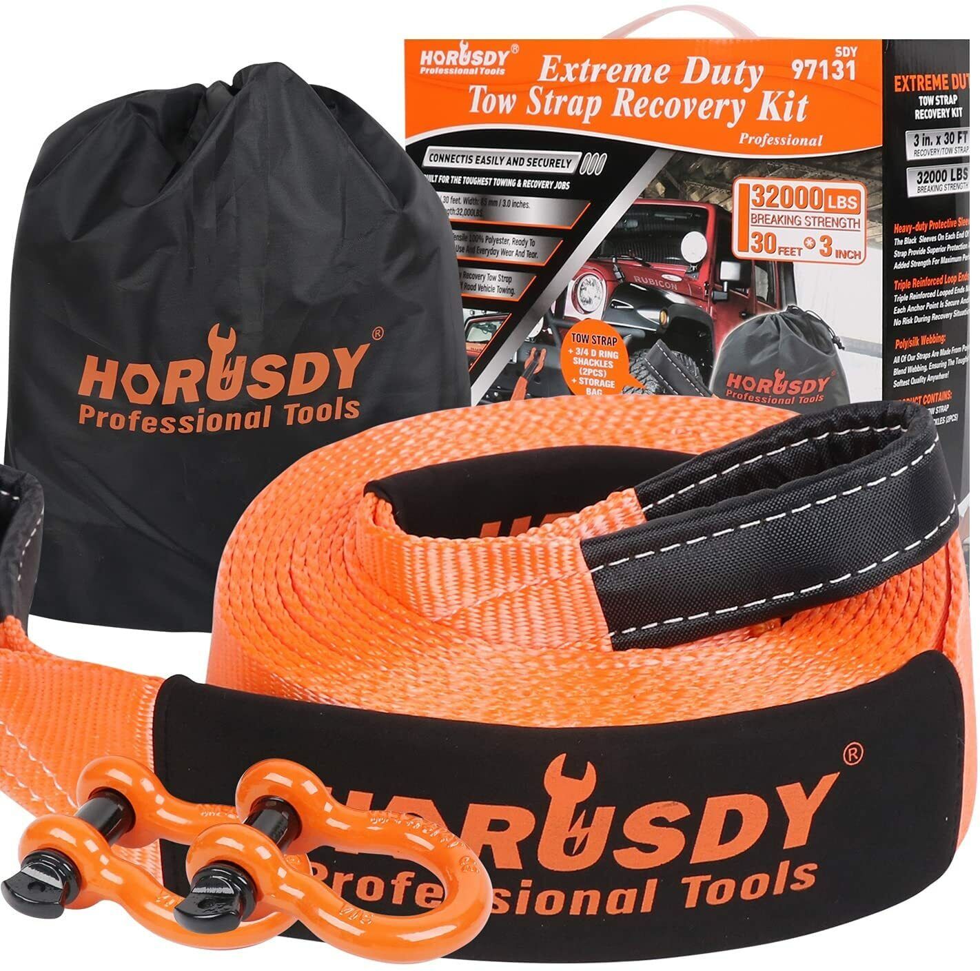 Heavy Duty 9.1M Recovery Tow Straps Snatch Kit - 32,000 LBS Break Strength with D-Ring Shackles for V465-97131-AU-5