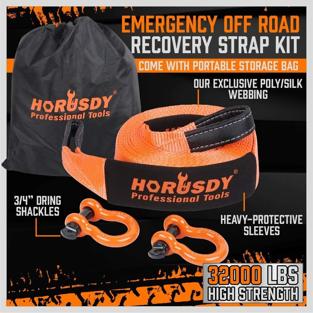 Heavy Duty 9.1M Recovery Tow Straps Snatch Kit - 32,000 LBS Break Strength with D-Ring Shackles for V465-97131-AU-5