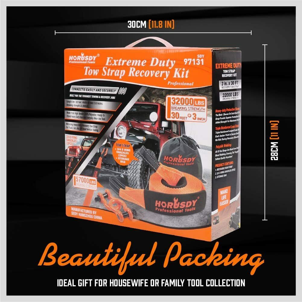 Heavy Duty 9.1M Recovery Tow Straps Snatch Kit - 32,000 LBS Break Strength with D-Ring Shackles for V465-97131-AU-5