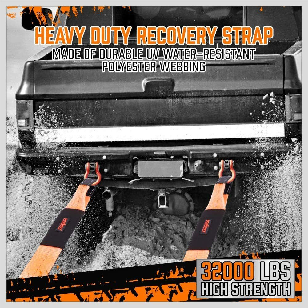 Heavy Duty 9.1M Recovery Tow Straps Snatch Kit - 32,000 LBS Break Strength with D-Ring Shackles for V465-97131-AU-5