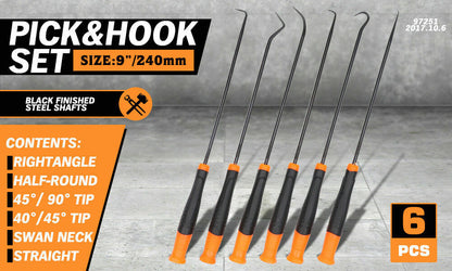 6Pc Extra Long Pick and Hook Set O Ring Seal Puller Remover Fuse Wire Scribe V465-97251-SDY
