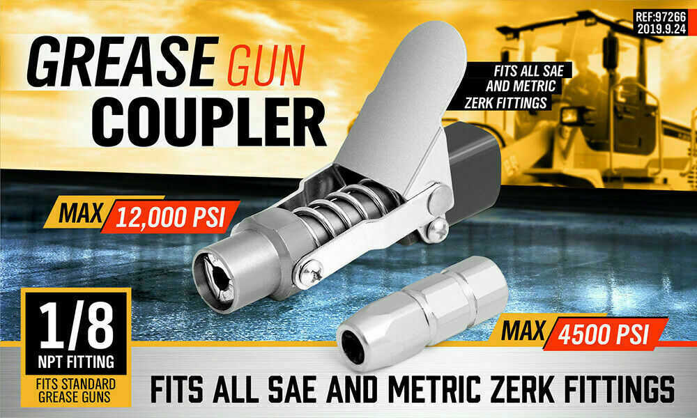 Grease Gun Coupler Quick Release & Lock 1/8'' NPT Rated 10,000 PSI Storage Case V465-97266