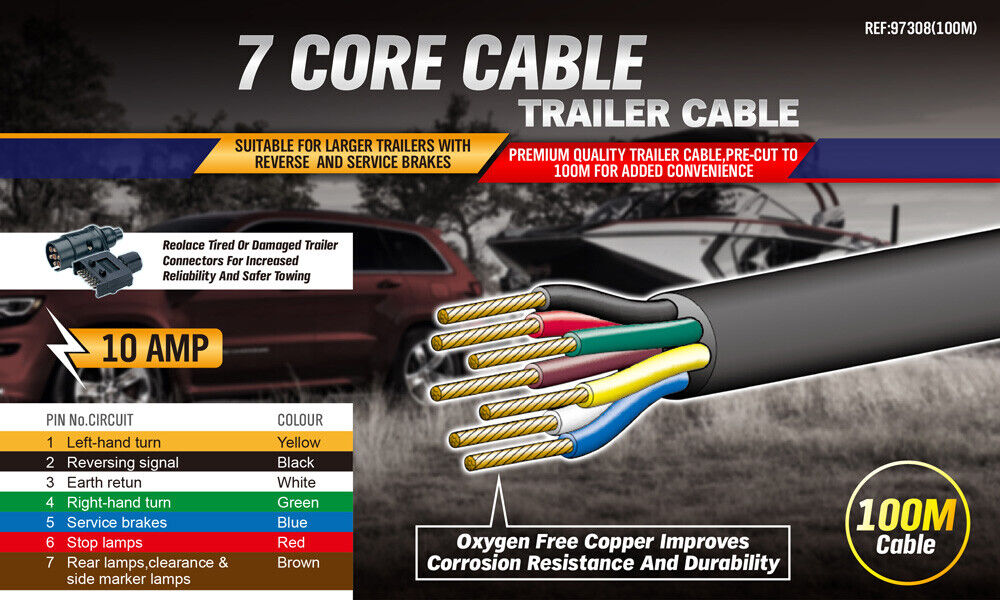 100M 7 Core Wire Cable Trailer Cable Automotive Boat Caravan Truck Coil V90 PVC V465-97308
