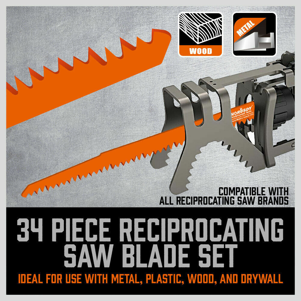 34-Piece Reciprocating Saw Blade Set Wood and Metal Cutting Blades with Storage Pouch V465-97394-AU-2