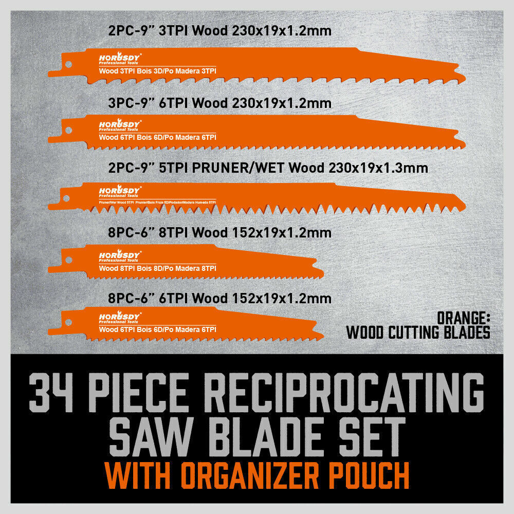 34-Piece Reciprocating Saw Blade Set Wood and Metal Cutting Blades with Storage Pouch V465-97394-AU-2