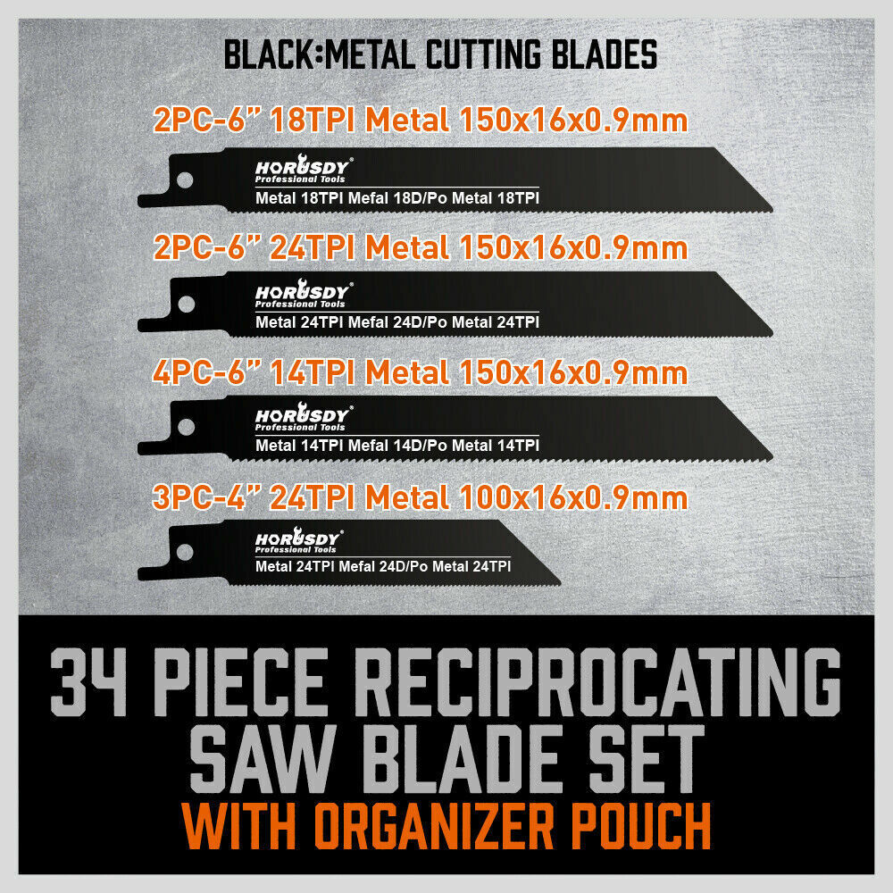 34-Piece Reciprocating Saw Blade Set Wood and Metal Cutting Blades with Storage Pouch V465-97394-AU-2