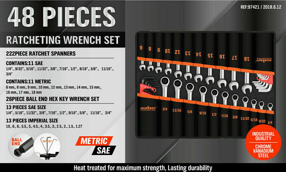 48Pc Spanner Set Ratchet Wrench & Hex Key Metric SAE Allen Key W/T Rolling Pouch V465-97421US