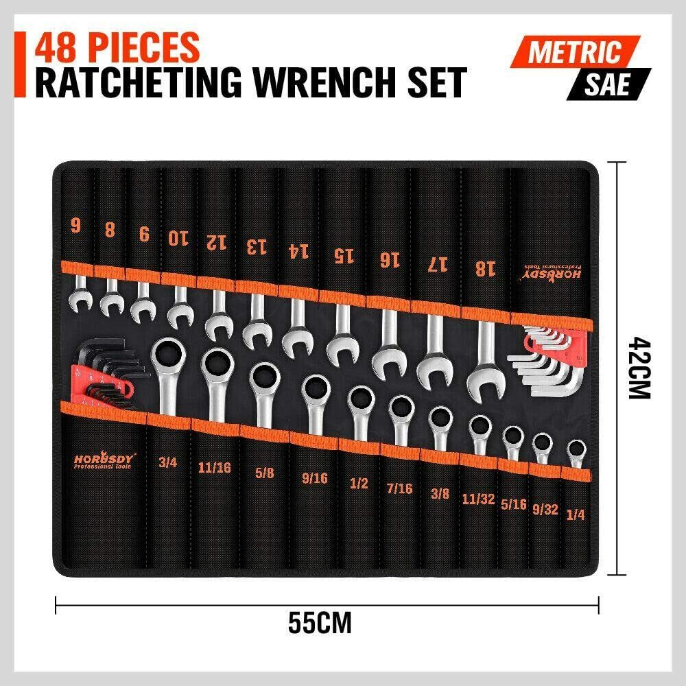 48Pc Spanner Set Ratchet Wrench & Hex Key Metric SAE Allen Key W/T Rolling Pouch V465-97421US