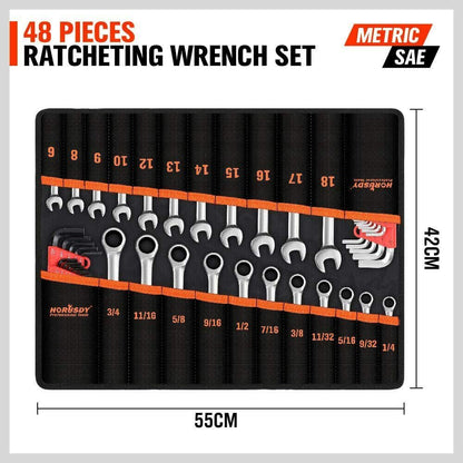 48Pc Spanner Set Ratchet Wrench & Hex Key Metric SAE Allen Key W/T Rolling Pouch V465-97421US