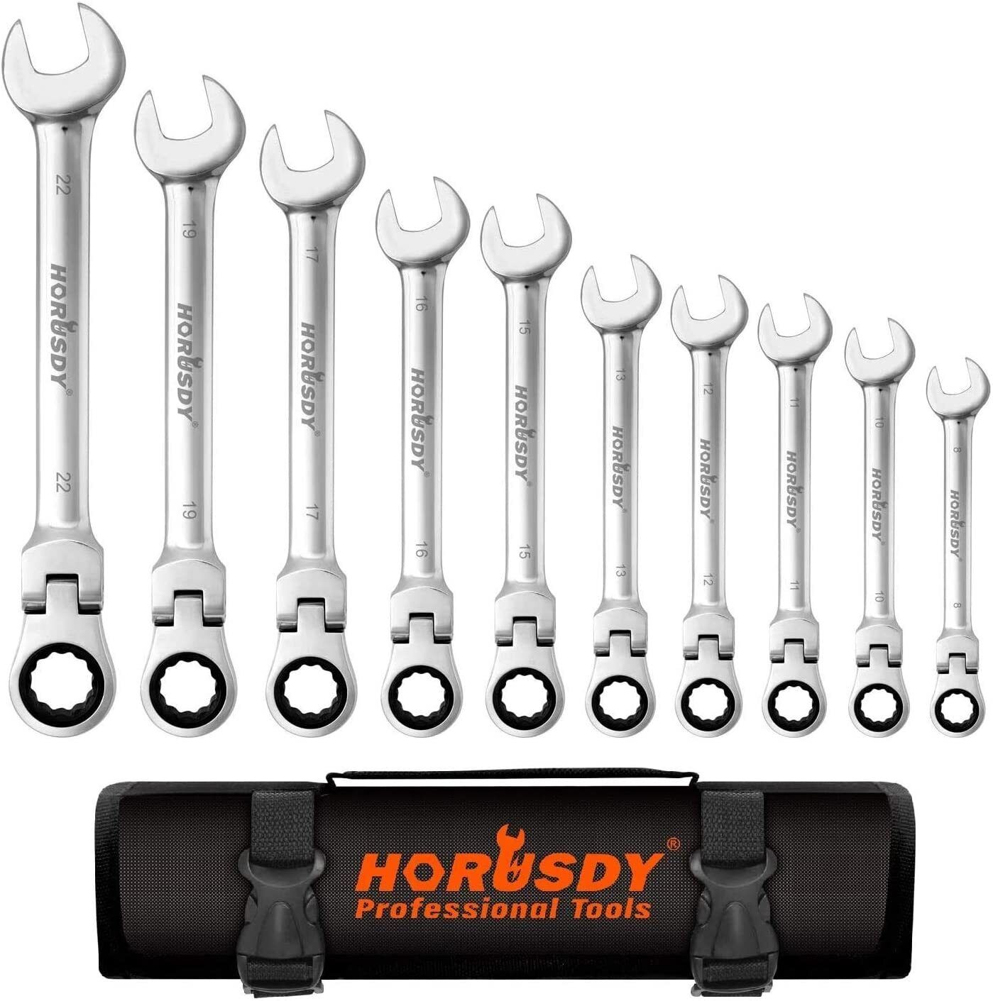 10Pc Flexible Head Ratchet Spanner Set Metric Wrench CRV With Carry Pouch 8-22MM V465-97434-AU-2