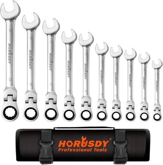 10Pc Flexible Head Ratchet Spanner Set Metric Wrench CRV With Carry Pouch 8-22MM V465-97434-AU-2