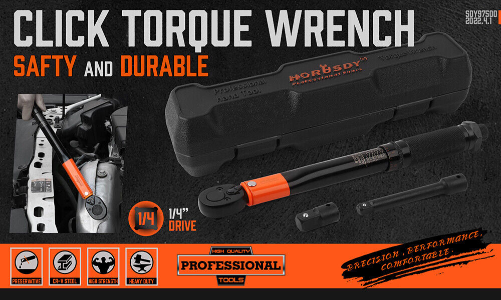 HORUSDY 3Pc 1/4" Drive Click Torque Wrench Ratchet Socket with Adaptor Extension V465-97438