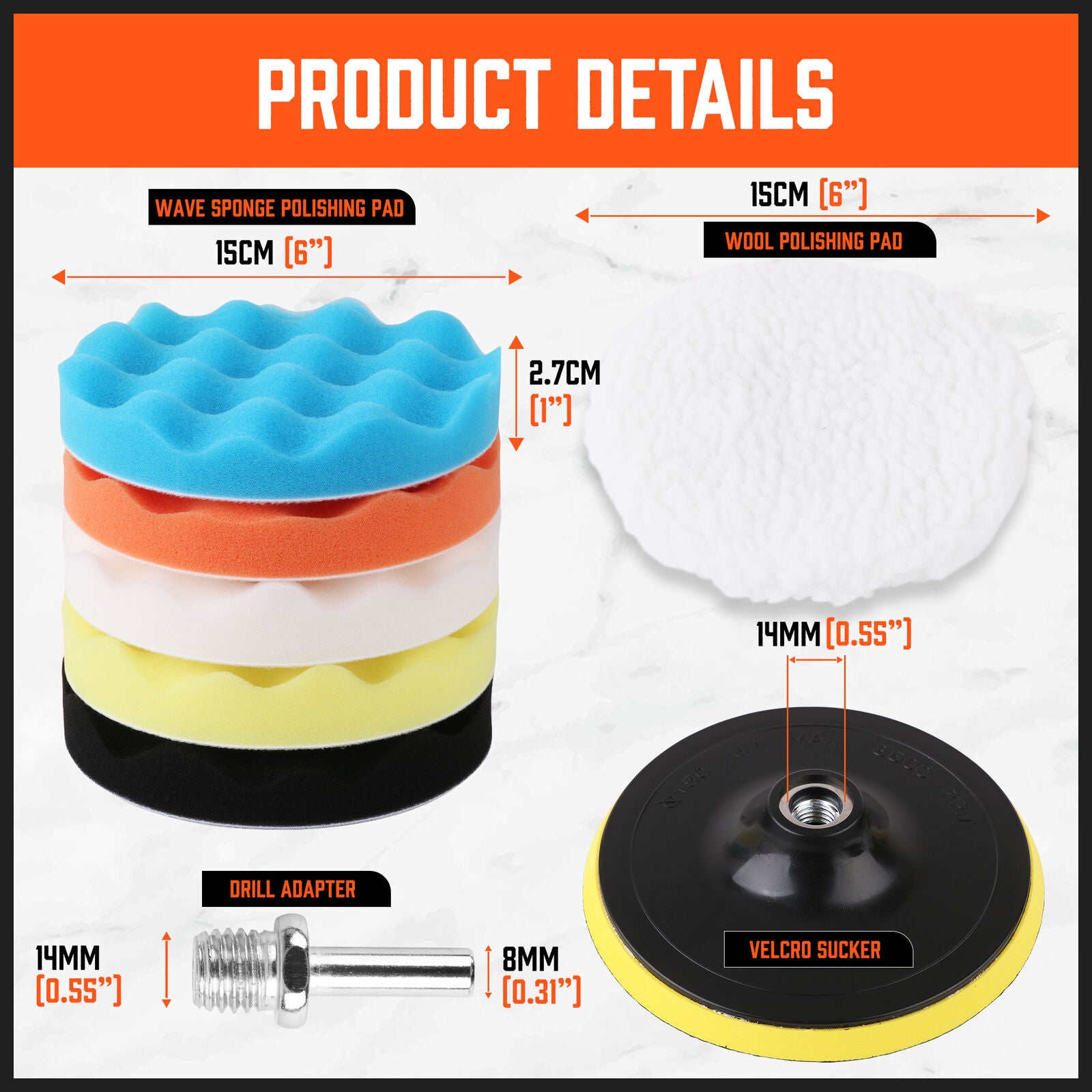 11Pcs 6" Buffing Waxing Polishing Pads Sponge Pad Set For Car Polisher Drill V465-97589-D