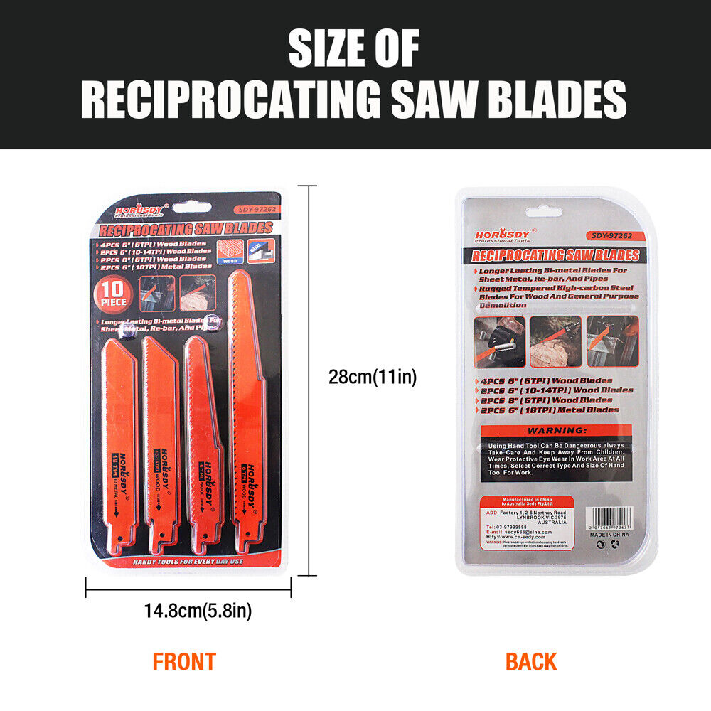 10Pc Reciprocating Saw Blades Set For Wood Metal Timber Demolition Cutting Tool V465-97645-AU-5