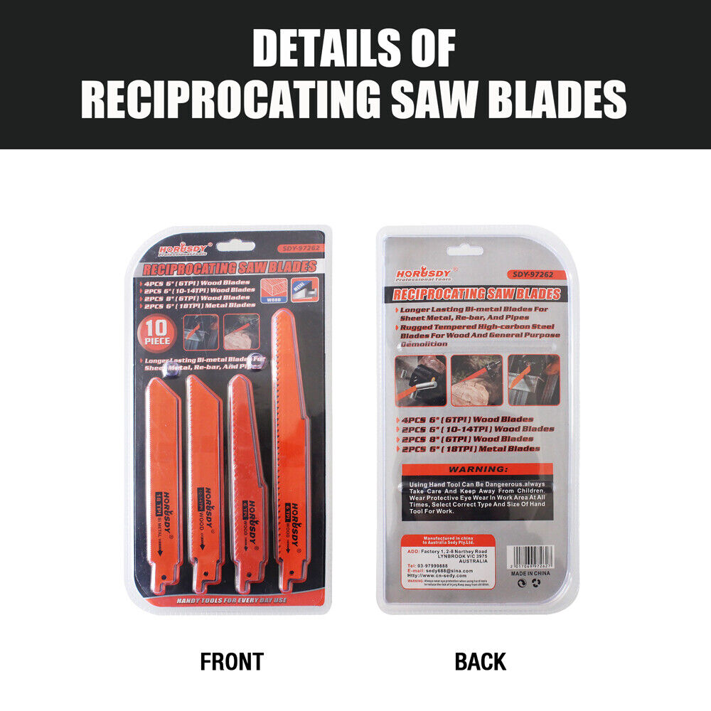 10Pc Reciprocating Saw Blades Set For Wood Metal Timber Demolition Cutting Tool V465-97645-AU-5
