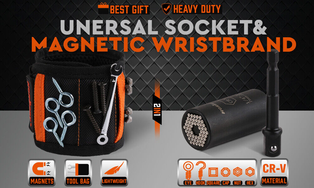 Magnetic Wristband & Universal Socket Grip 7-19mm Magnets Screws Nails Holder V465-97774