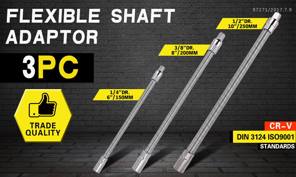 3PC Flexible Socket Extension Bars Shaft Set 1/2" 1/4" 3/8" Drive 10" 8" 6" Long V465-97781-AU-5