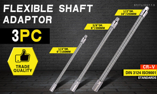 3PC Flexible Socket Extension Bars Shaft Set 1/2" 1/4" 3/8" Drive 10" 8" 6" Long V465-97781-AU-5