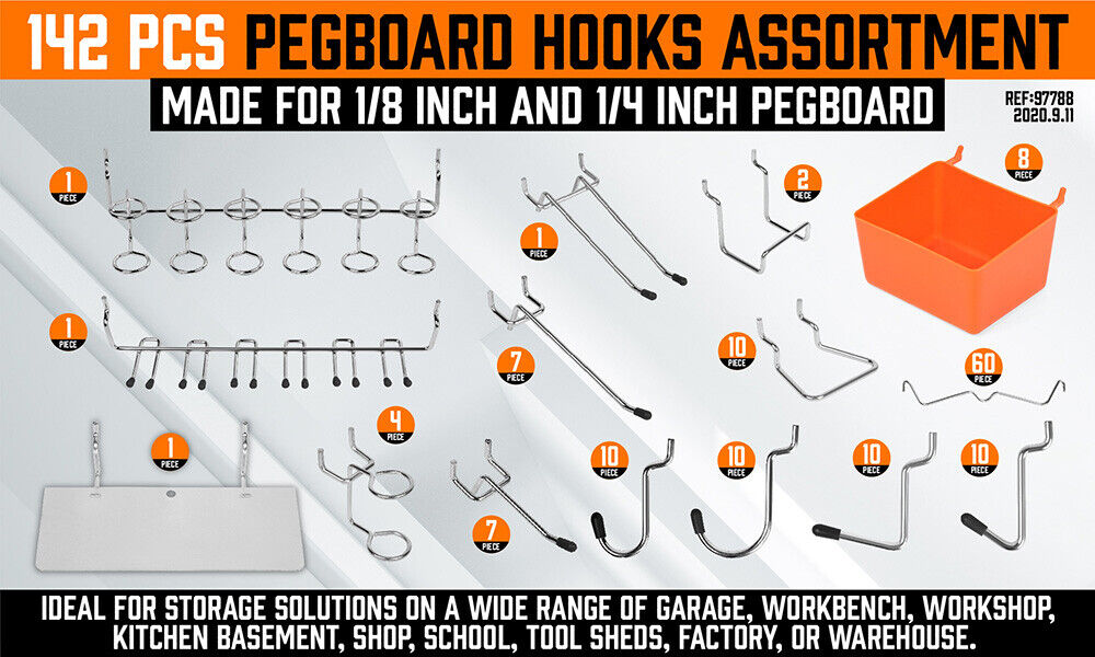 142Pc Pegboard Hooks Set Peg board Hanger Assortment Storage Trays Organizer Bin V465-97788