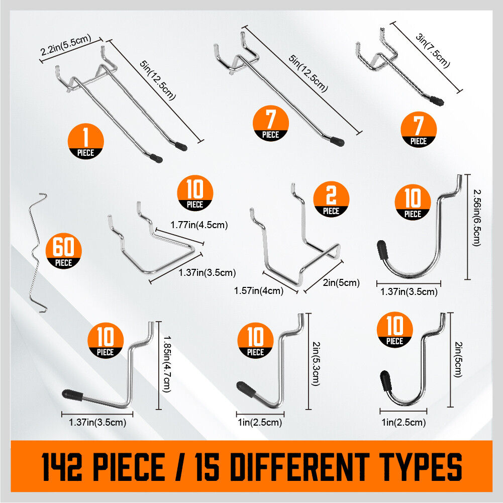 142Pc Pegboard Hooks Set Peg board Hanger Assortment Storage Trays Organizer Bin V465-97788