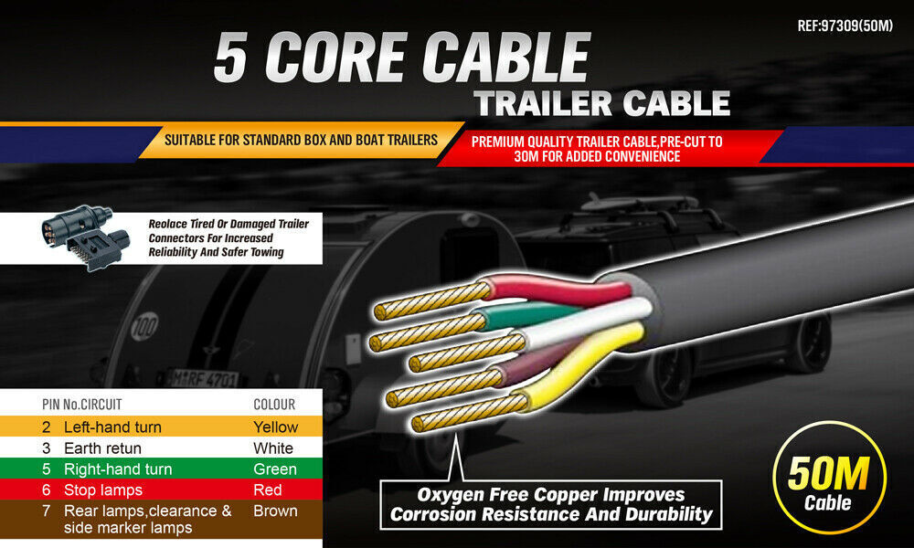 50M x 5 Core Wire Cable Trailer Cable Automotive Boat Caravan Truck Coil V90 PVC V465-97865-AU-5