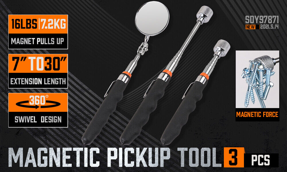 3Pc Magnetic Pick Up Tool & Swivel Inspection Mirror Telescoping Rod Heavy Duty V465-97871-AU-5