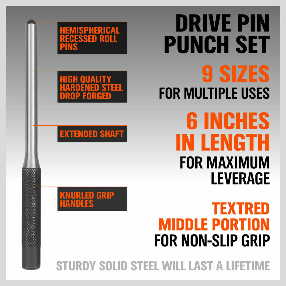 9Pc Roll Pin Punch Set Bolt Catch Gun Building Removing Repair Tool Canvas Pouch V465-97904-AU-2N