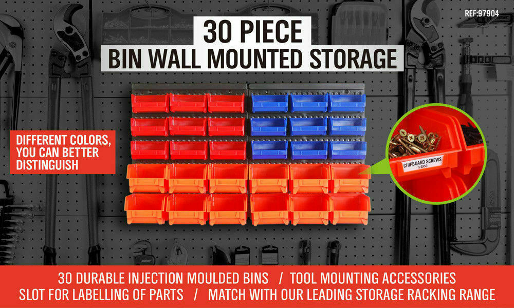 30 Bins Tool Storage Wall Mounted Organiser Parts Garage Workshop Box Heavy Duty V465-97915