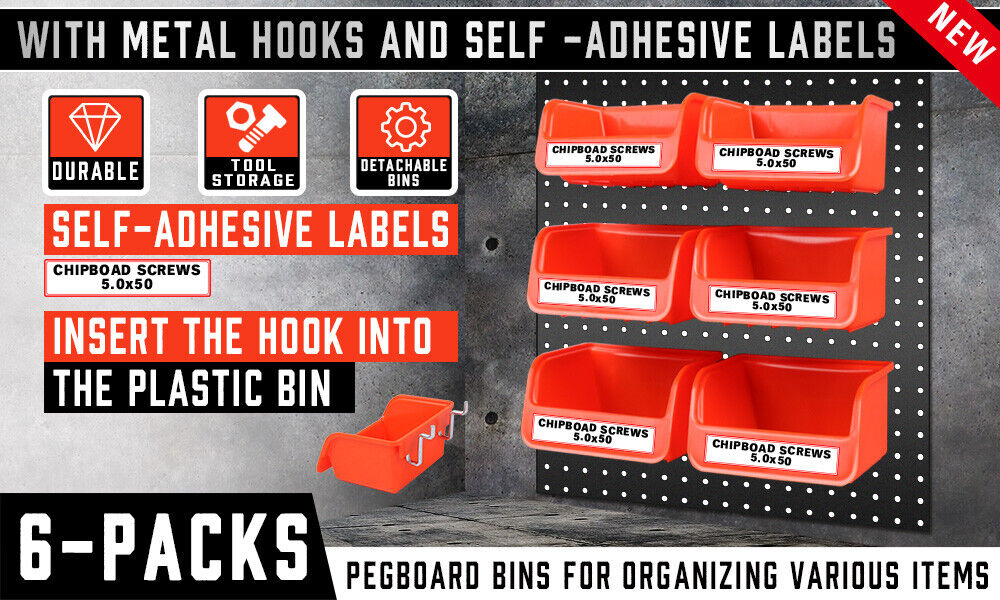 6Pc Pegboard Bins Peg Board Parts Storage With Steel Hooks Tools Organiser Tray V465-97921