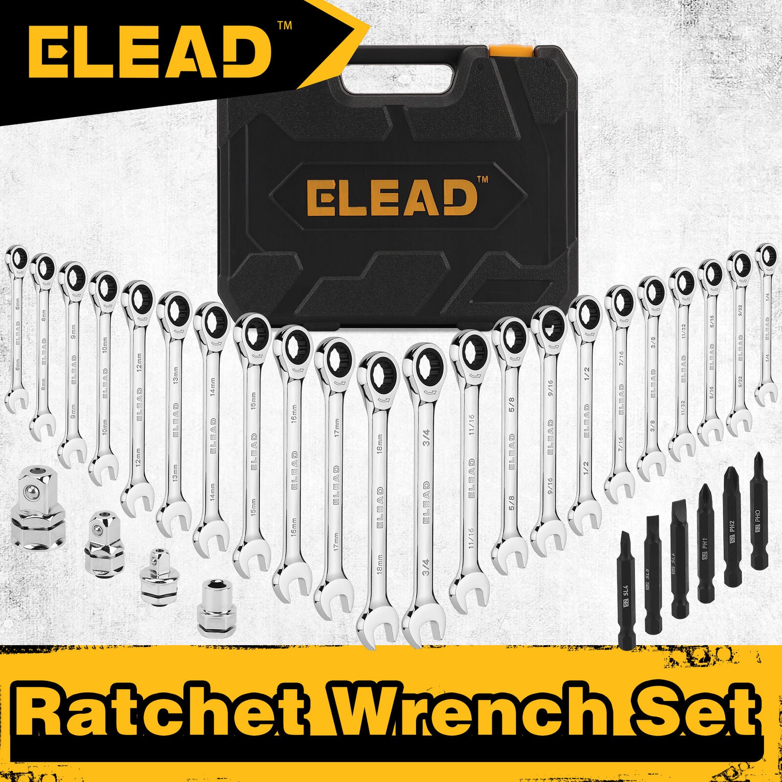 ELEAD 33Pcs Ratchet Wrench Set SAE Metric Wrench Phillips Slotted Bits Adapter V465-E70031