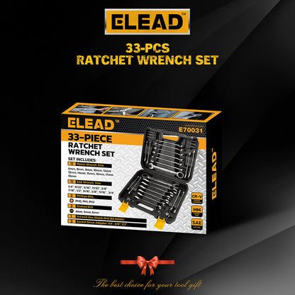 ELEAD 33Pcs Ratchet Wrench Set SAE Metric Wrench Phillips Slotted Bits Adapter V465-E70031
