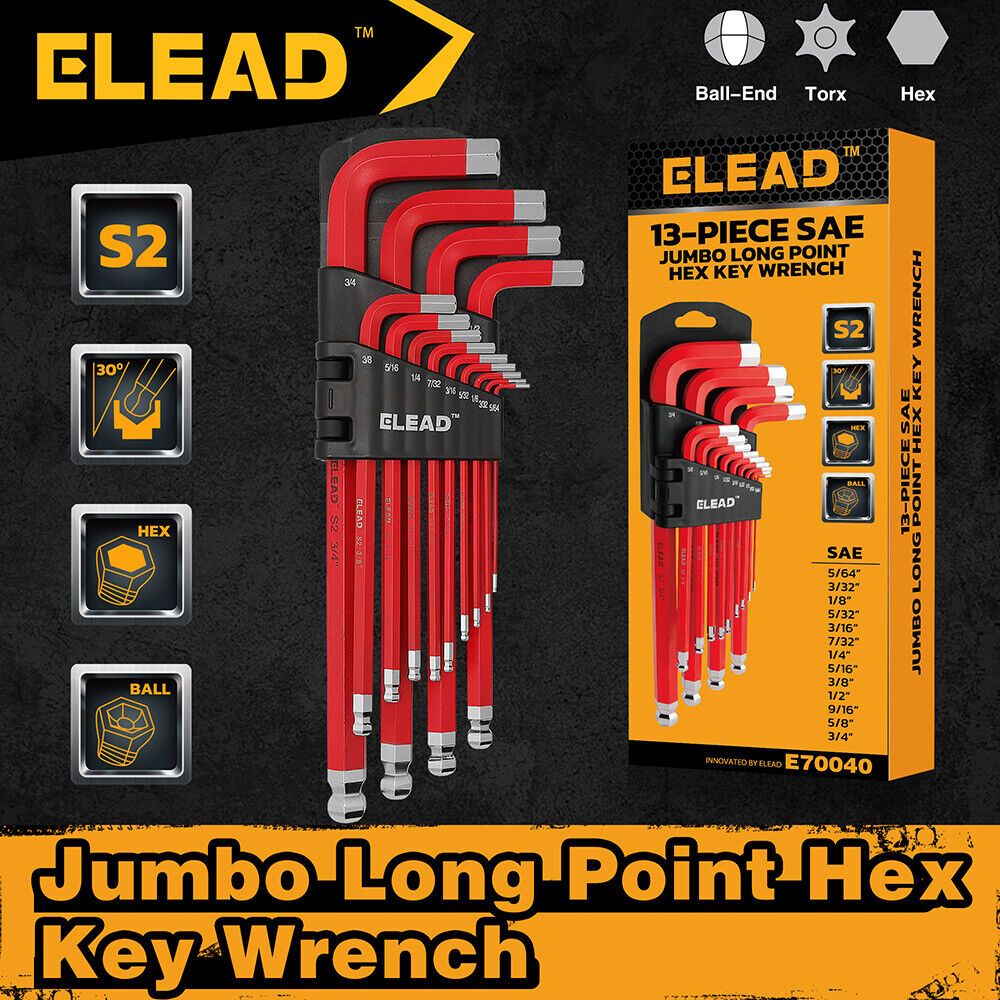 ELEAD 13Pc Extra Large Hex Key Set Long Allen Key Wrench Ball End SAE 5/64"-3/4 V465-E70040