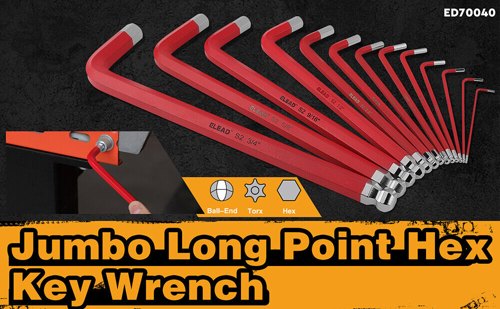 ELEAD 13Pc Extra Large Hex Key Set Long Allen Key Wrench Ball End SAE 5/64"-3/4 V465-E70040
