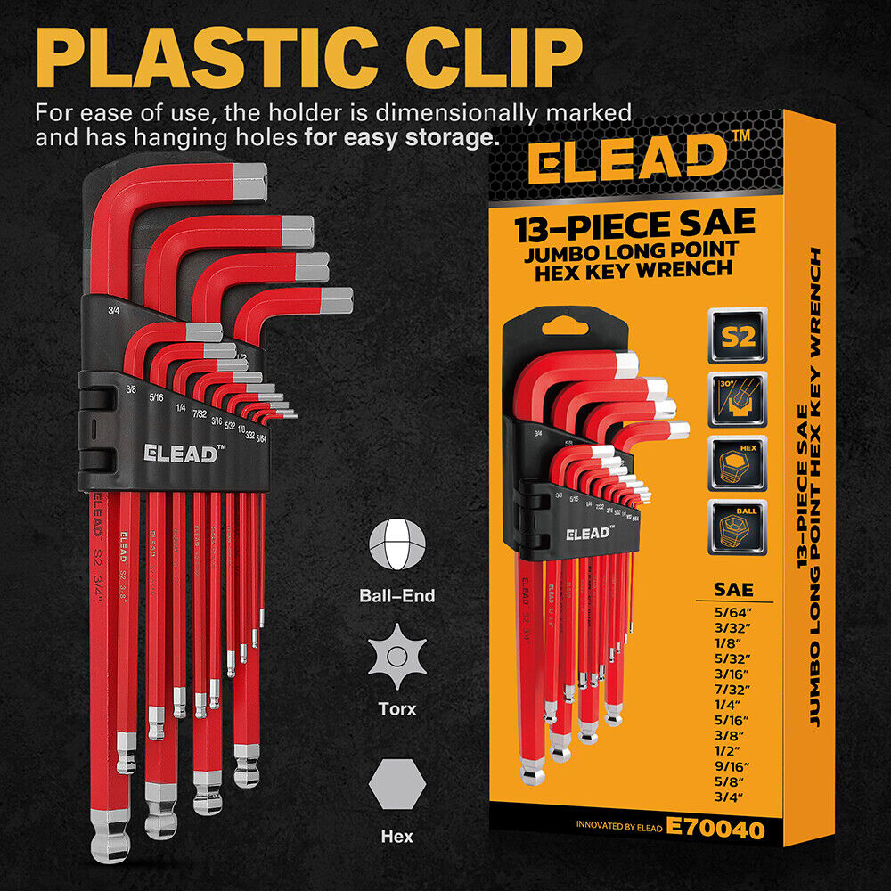 ELEAD 13Pc Extra Large Hex Key Set Long Allen Key Wrench Ball End SAE 5/64"-3/4 V465-E70040